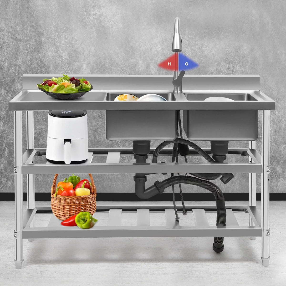 Sink Utility Sink, Wuzstar Kitchen Commercial Faucet with Stainless and High Steel Bowl Cold Double Hot