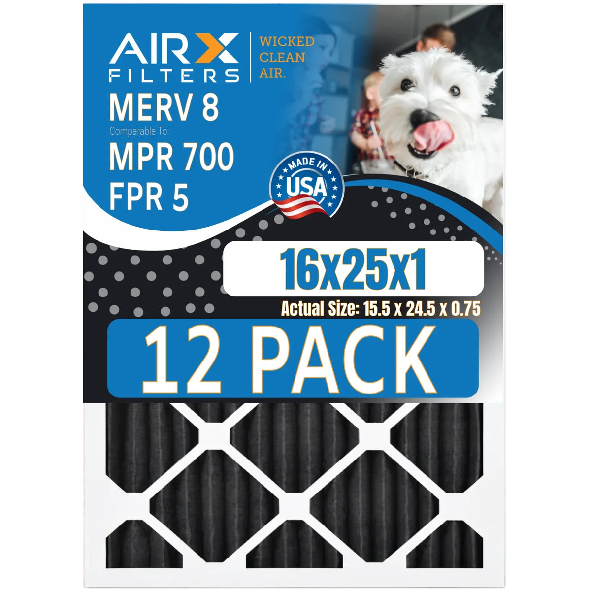 FPR in Rating, Air 12 Pack 5, AIRX Furnace USA of MPR Pet MERV 8 Filters AIR. Made Odor CLEAN Comparable Retention FILTERS 16x25x1 Filters - 700, to WICKED by Filter