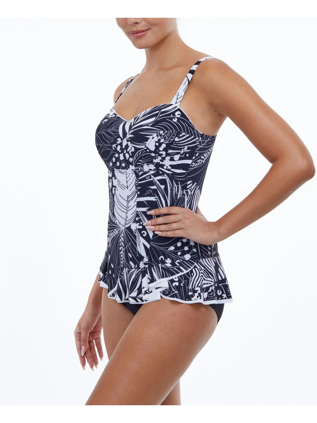 Print Swimdress Adjustable Control Tropical Black PROFILE by Stretch Marbella Women's Fixed Sweetheart GOTTEX 8 Neck Ruffled Tummy Cups