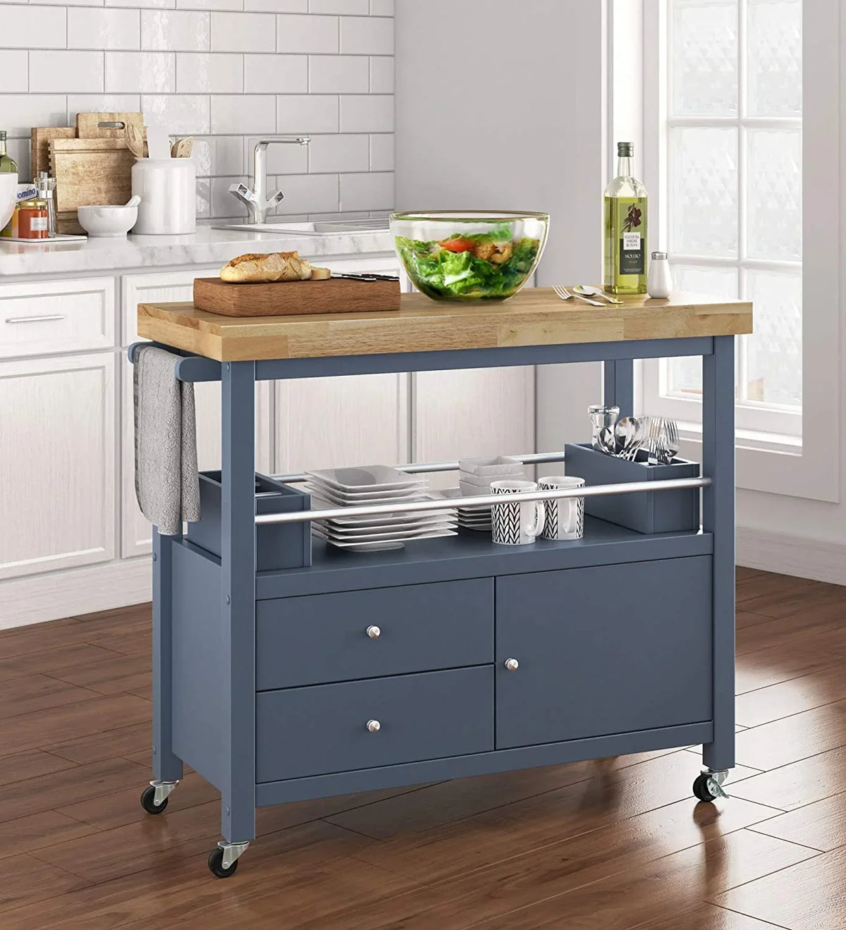 Block Kitchen Cart Apartment Storage, Rolling And With Table, Home Gray , For Wheels Butcher Organization Anson Bar Cabinet Portable Island