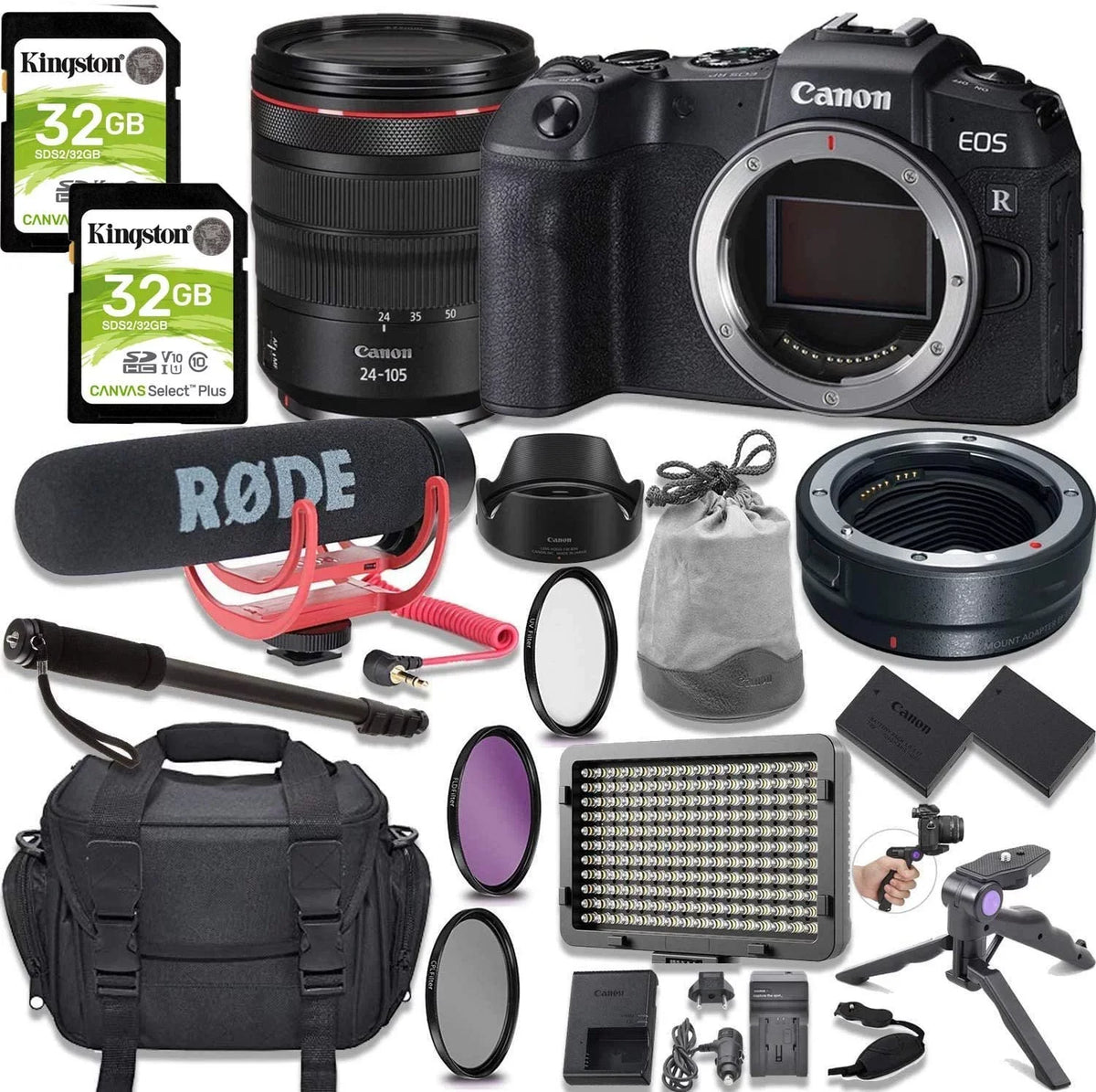 Memory, RF Kit Go with More Canon + Mirrorless & Bundle Rode Mic, Digital 64GB Video Camera EOS RP Video with Accessory Lens Adapter + Light Mount LED 24-105mm
