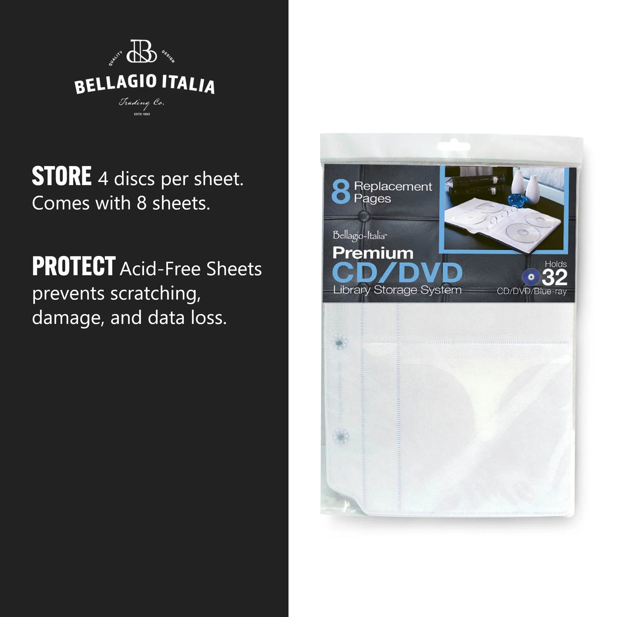 Insert Sheets Organizer Holds - Sheets & for Pack 6 48 CDs, - Video Blu-Rays - Binder Acid-Free Storage Sheets Binder Bellagio-Italia DVDs, CD/DVD - Games