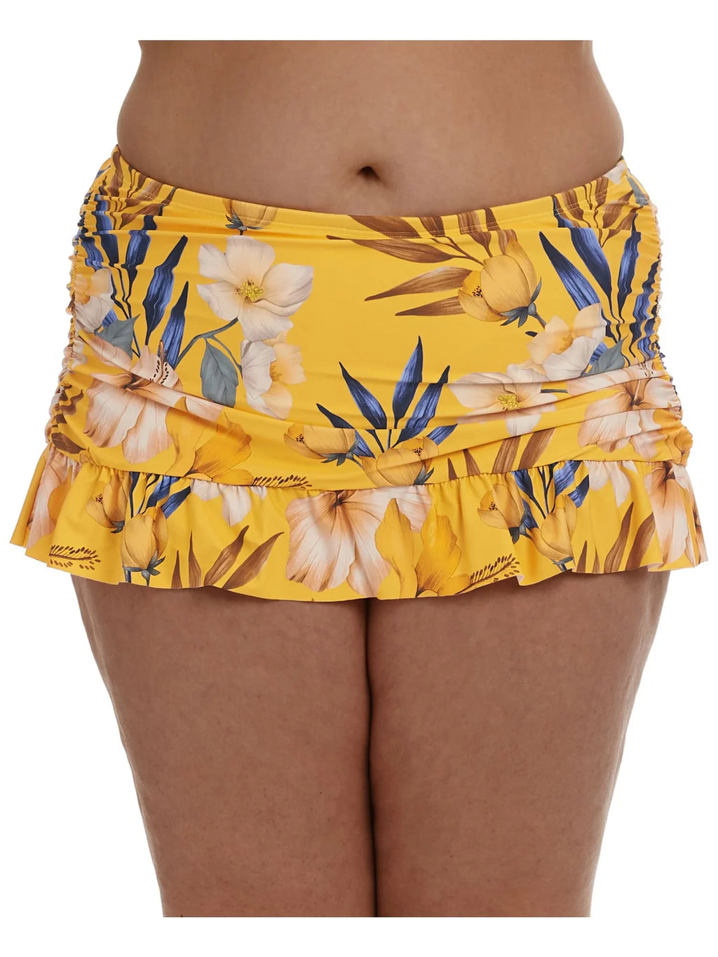 Belle Skirt Lined Women's Ruched Swimsuit Stretch LA Bottom Printed Fiore 18W Coverage Moderate BLANCA Sides Tummy Control Swim Ruffled Yellow