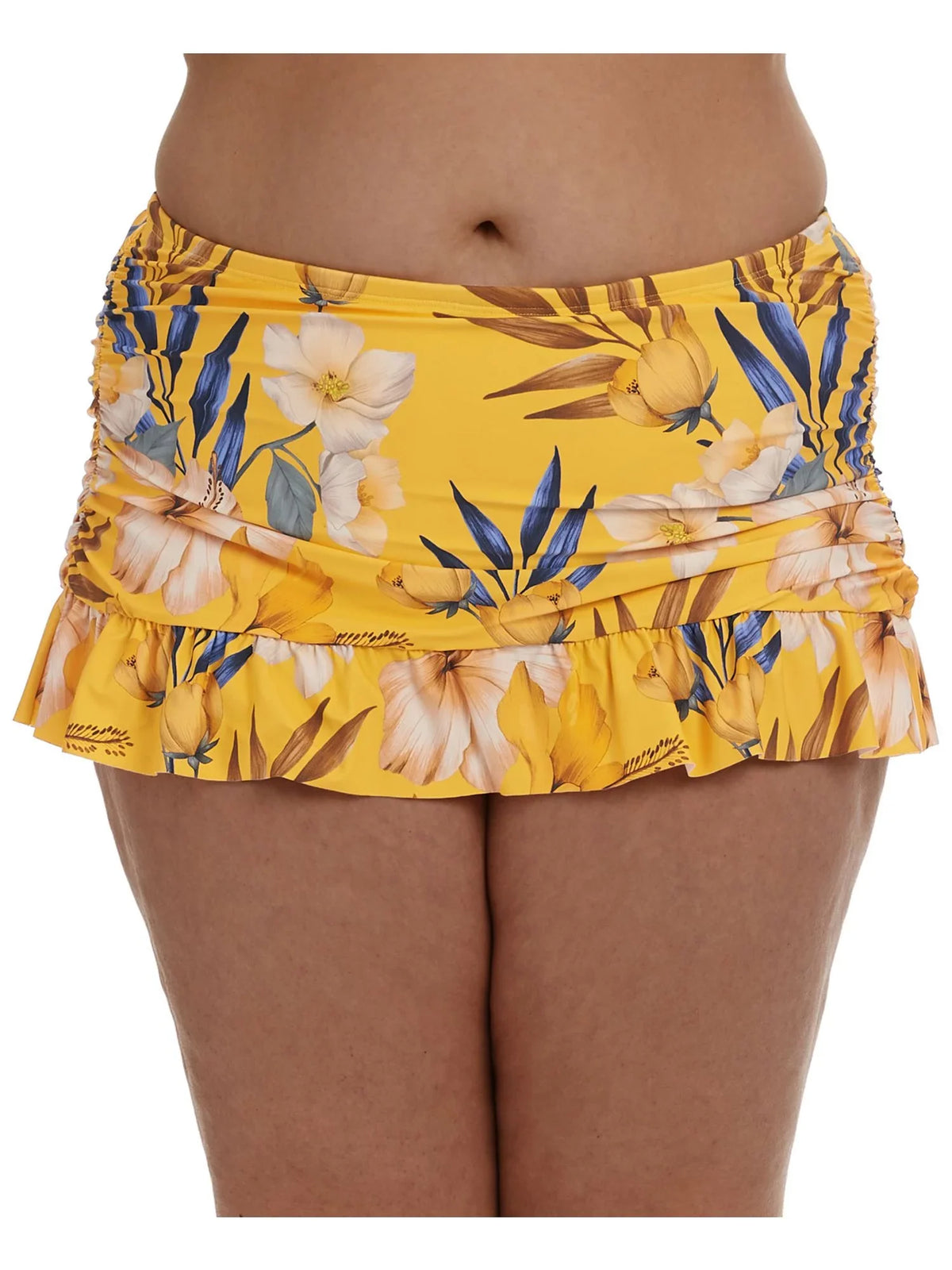 Belle Skirt Lined Women's Ruched Swimsuit Stretch LA Bottom Printed Fiore 18W Coverage Moderate BLANCA Sides Tummy Control Swim Ruffled Yellow