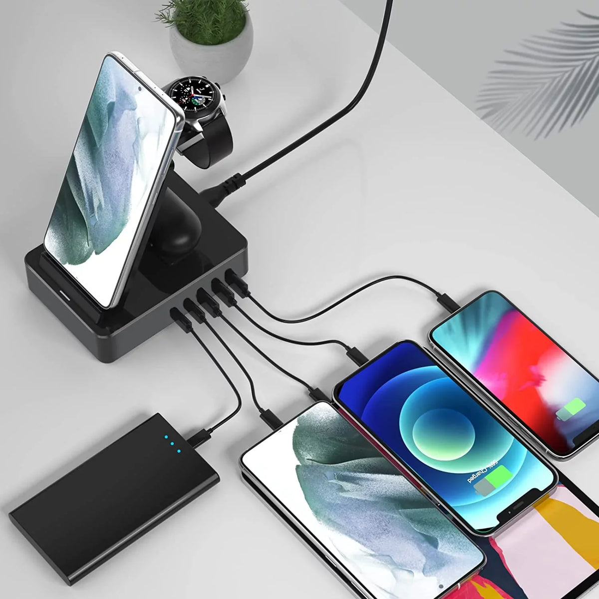 Sumsung, Fast 15W Charging Lidlife Usb 20W Charger Charging for Dock 8 100W AirPods for Port Wireless Compatible for Usb Multiple in Black with Devices, C a/ Station 1 Stand