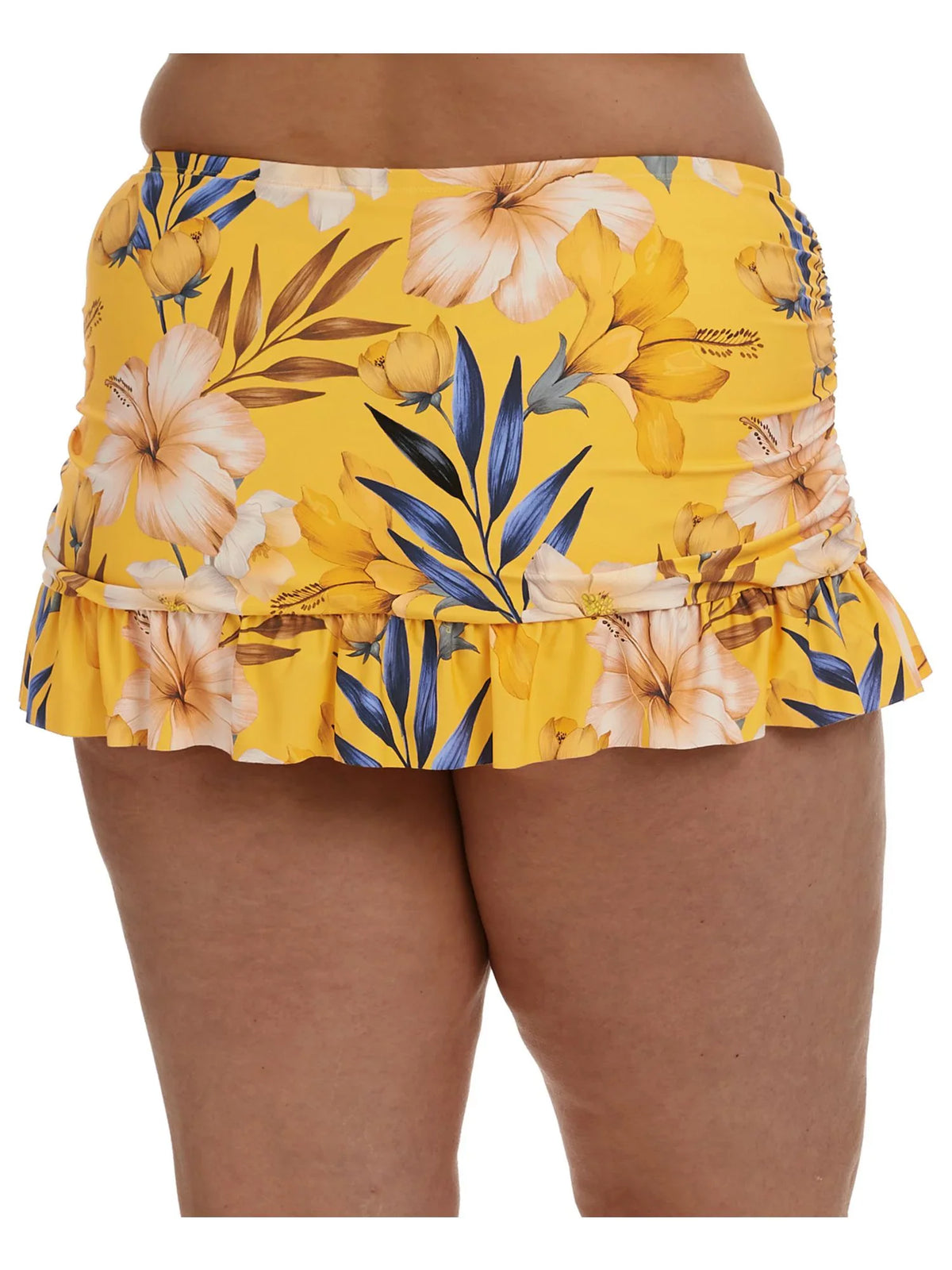 Belle Skirt Lined Women's Ruched Swimsuit Stretch LA Bottom Printed Fiore 18W Coverage Moderate BLANCA Sides Tummy Control Swim Ruffled Yellow