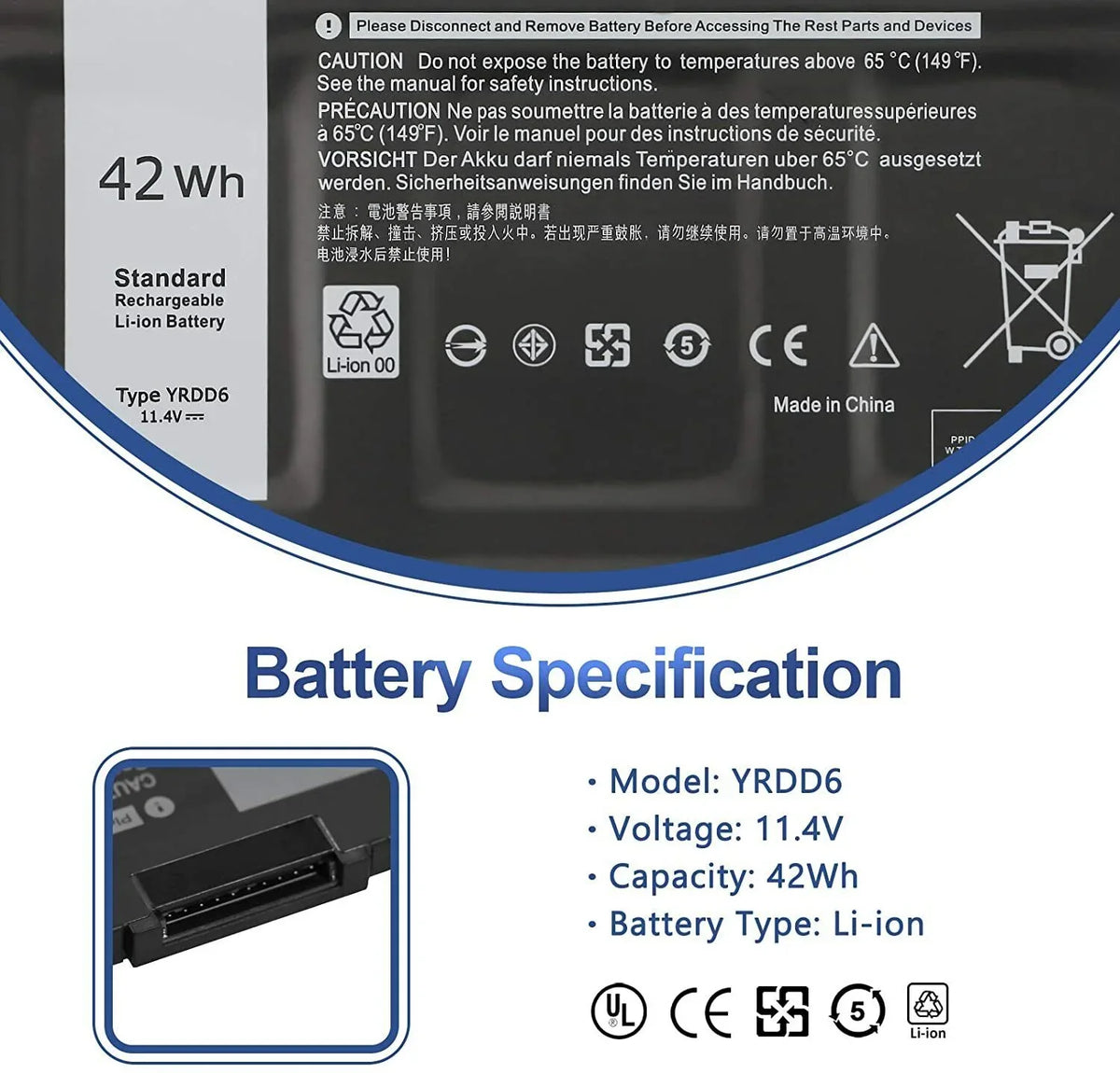 YRDD6 3310 7586 42Wh 5491 2-in-1 Dell Inspiron 5593 Battery 5591 For 5485 5482