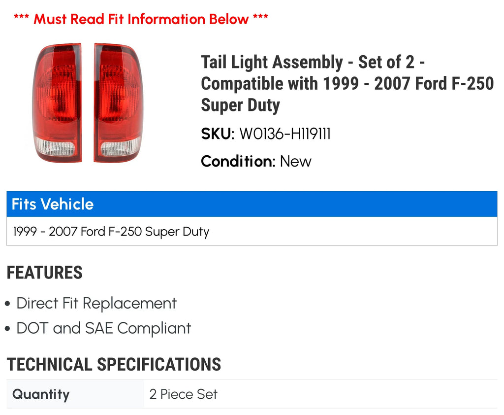 Super 1999 2005 - Compatible 2001 of 2006 Light 2007 2004 - Ford Set Tail F-250 Assembly 2003 with - Duty 2000 2 2002