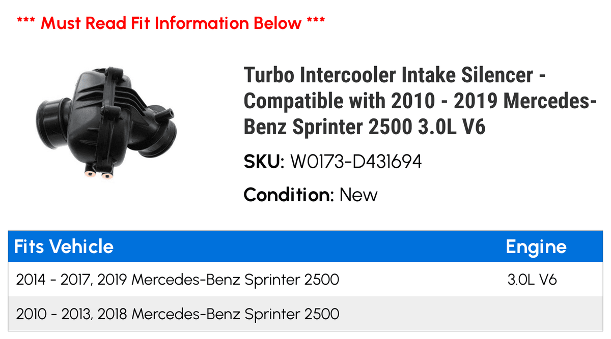 Silencer Sprinter V6 Intercooler 2013 2015 2011 2019 - Intake 2016 2010 Mercedes-Benz - Compatible 3.0L 2014 with 2017 2500 2018 Turbo 2012