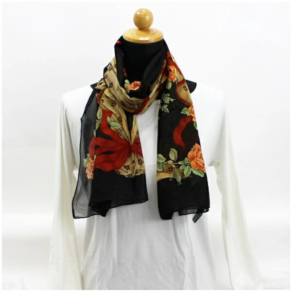 stole black Pre-Owned FERRAGAMO ribbon SALVATORE ladies rectangle muffler paper Salvatore Ferragamo pattern New) scarf (Like silk