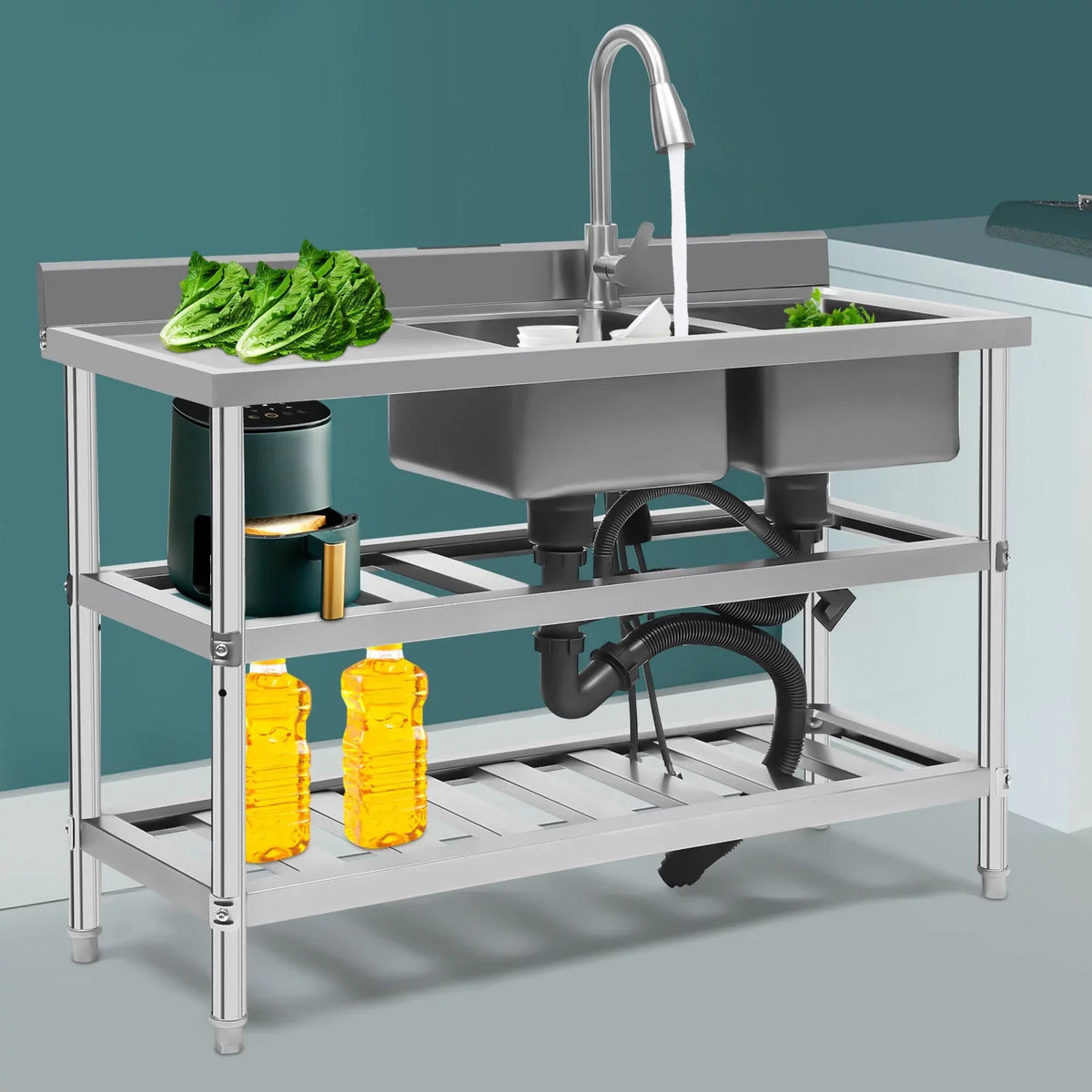 Sink Utility Sink, Wuzstar Kitchen Commercial Faucet with Stainless and High Steel Bowl Cold Double Hot