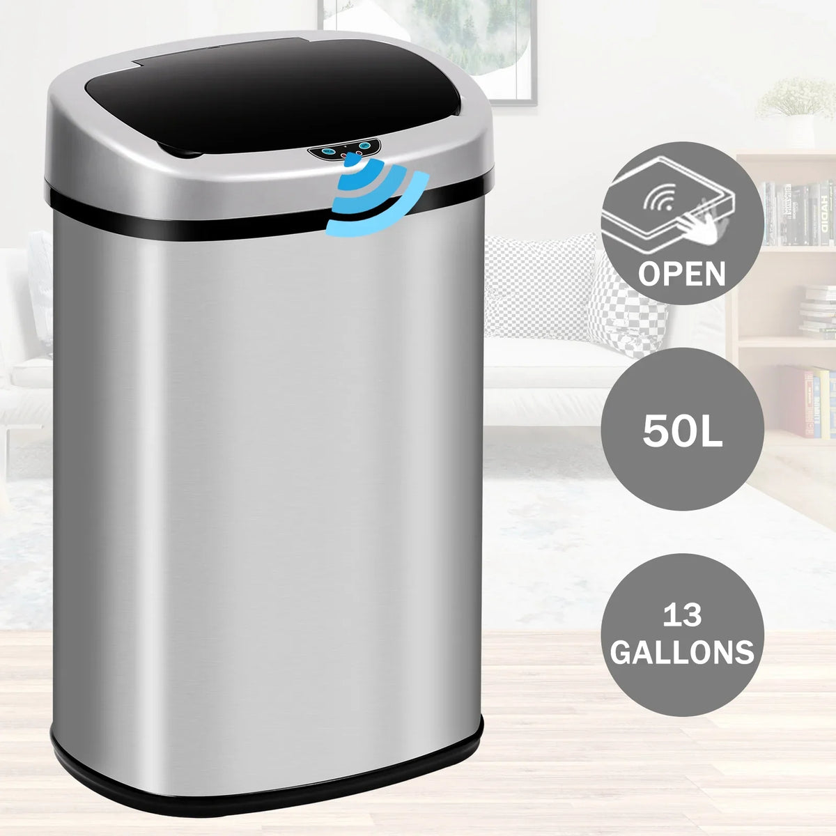 Automatic Trash Gallon Waste Steel Lid, Stainless with Motion Home, Mute 13 Office Garbage Designed Can Anti-Fingerprint Can Kitchen for with NiamVelo Sensor, Silver Bin & Touch-Free