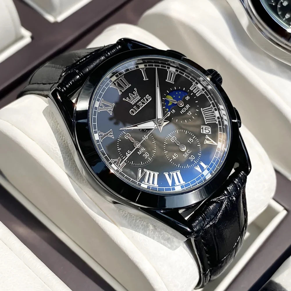 Watches Business Male for Reloj, with Watches Sports Mens Luxury Analog Luminous OLEVS Quartz Men Classic Strap Leather Wristwatch Waterproof Chronograph