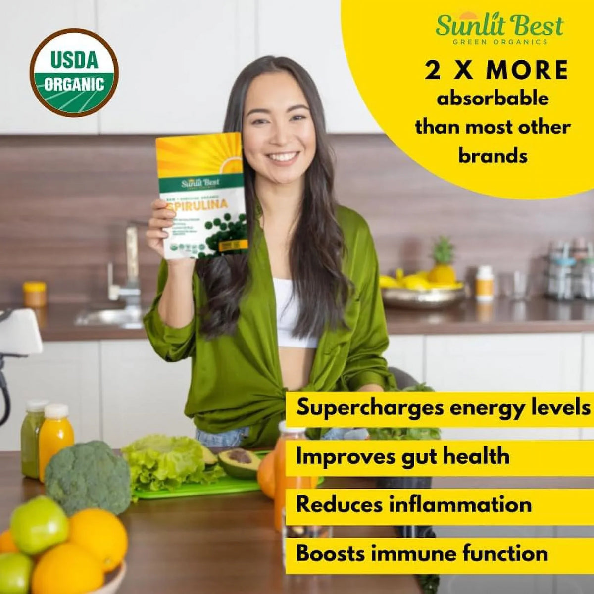 Non Gut 1000 USDA Tablet Drink Health Tablets Organic Supplements Chlorophyll, for Superfood Vegan & Sunlit Natural with Greens Best & Support, - Energy Tab - Protein GMO, Spirulina High Super Immune