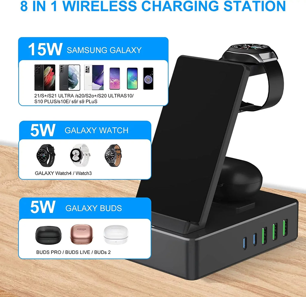 Sumsung, Fast 15W Charging Lidlife Usb 20W Charger Charging for Dock 8 100W AirPods for Port Wireless Compatible for Usb Multiple in Black with Devices, C a/ Station 1 Stand