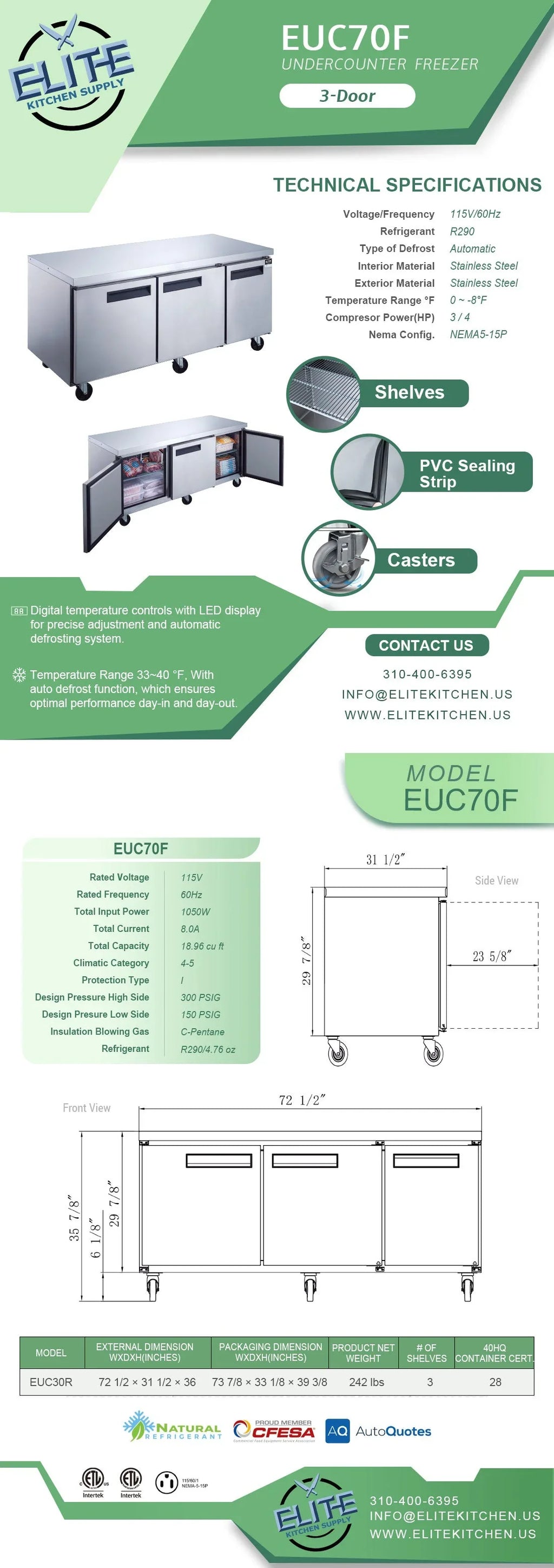 ft. 18.96 Three 72 cu. Stainless Undercounter in. Freezer Steel Door in Commercial