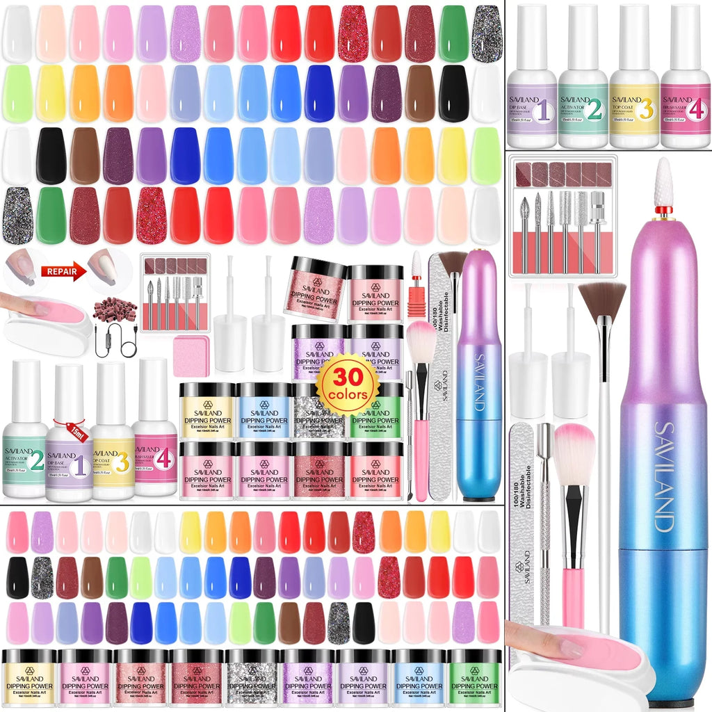 Powder Top Kit Kit Electric Base Coat Liquids Drill Powder and Drill and Dip Set, with Saviland Oil Powder Dip - Nail Keratin Nails 30 Cuticle Colors Dipping with Activator