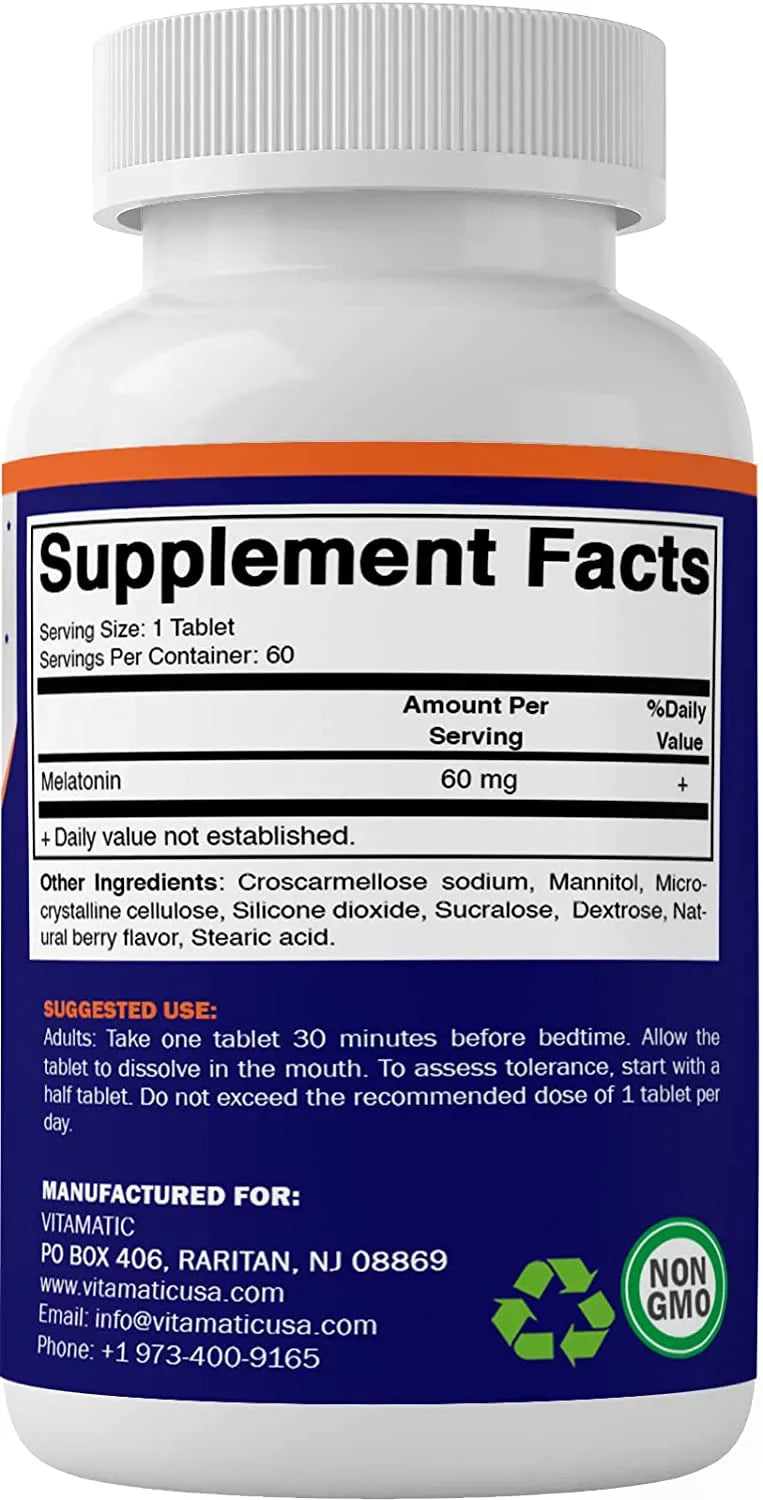 Tablets - 60mg Melatonin Non-GMO, Flavor Dissolve Forming Bottles) (2 Vitamatic Tablets Free Non-Habit 60 - Vegan Fast - Berry Natural Gluten