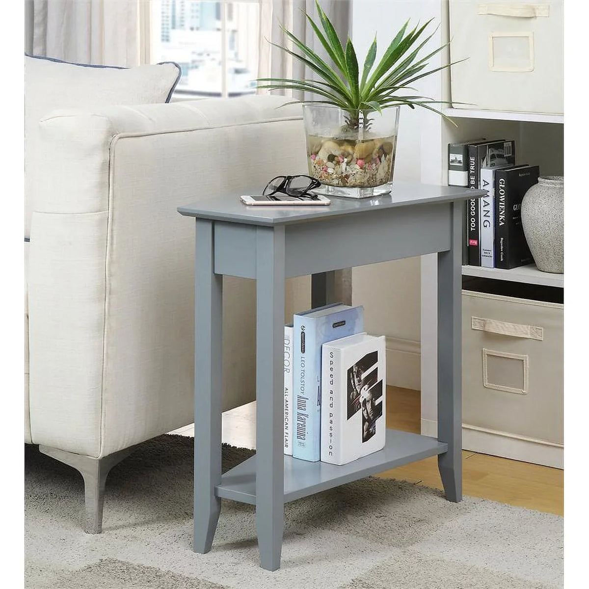 Wedge MDF Table End Pemberly Wood in Shelf Bottom with Gray Transitional Row