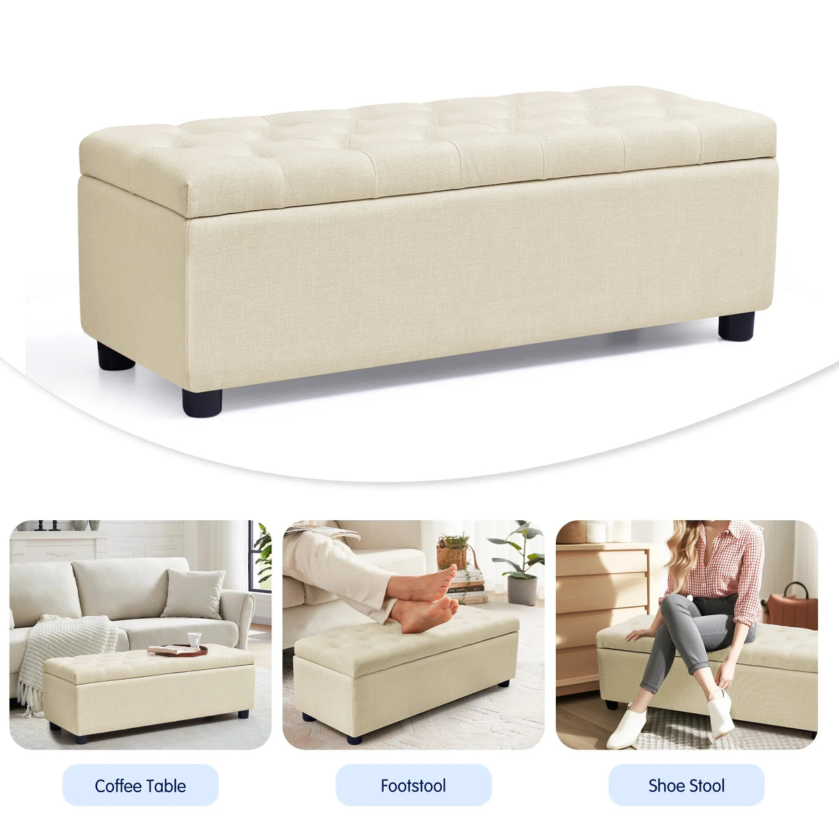 with Plastic Bench of Stool Beige Storage Linen Foot Fabric Storage with 40.5" Bed Legs Ottoman Pads, for End Sturdy Bedroom, Bench Subrtex