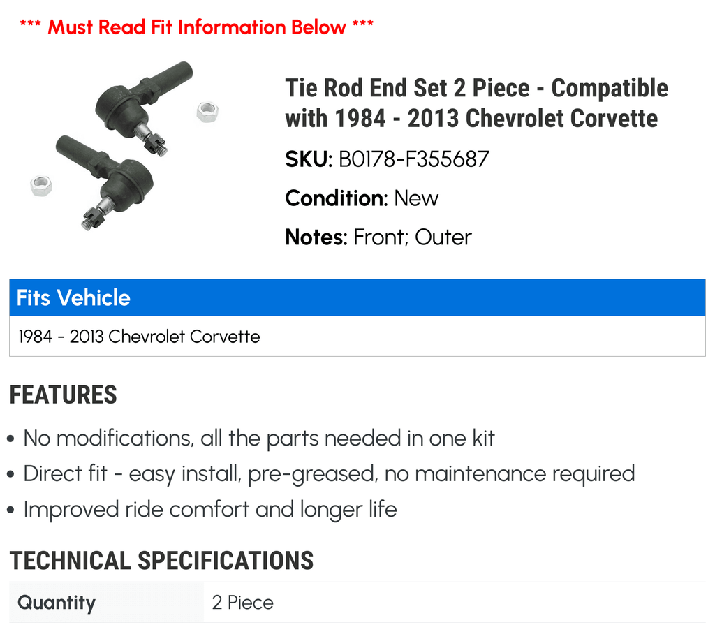 1995 1988 with 2008 1993 End 2006 Rod Piece 2004 2009 1997 2000 - Tie 1999 1998 2003 1986 2 Chevy - 2013 2002 Compatible 2005 1991 1984 1985 1994 2001 1992 Corvette 1989 Set 1996 1990 2007 1987
