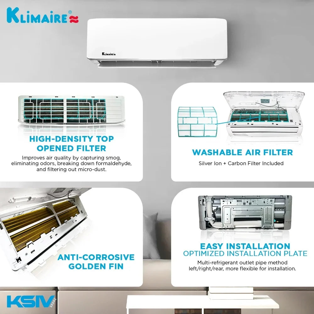 ft. to 21.5 Btu Pump sq. Heat Mini-Split Conditioner Ductless Air 400 SEER2 Klimaire 9,000 up
