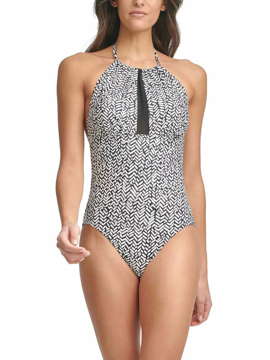 Piece NECKLINE UV REMOVABLE Tummy Printed CUPS Full 14 Stretch One HALTER Protection Coverage Swimsuit Women's Control KLEIN Black CALVIN