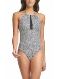 Piece NECKLINE UV REMOVABLE Tummy Printed CUPS Full 14 Stretch One HALTER Protection Coverage Swimsuit Women's Control KLEIN Black CALVIN