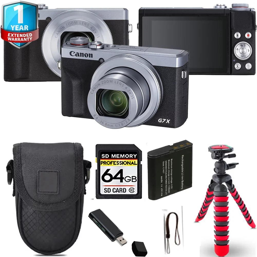 Yr Spider + (Silver) G7 Canon Camera Mark Warranty + - Tripod 64GB X III 1 PowerShot Digital