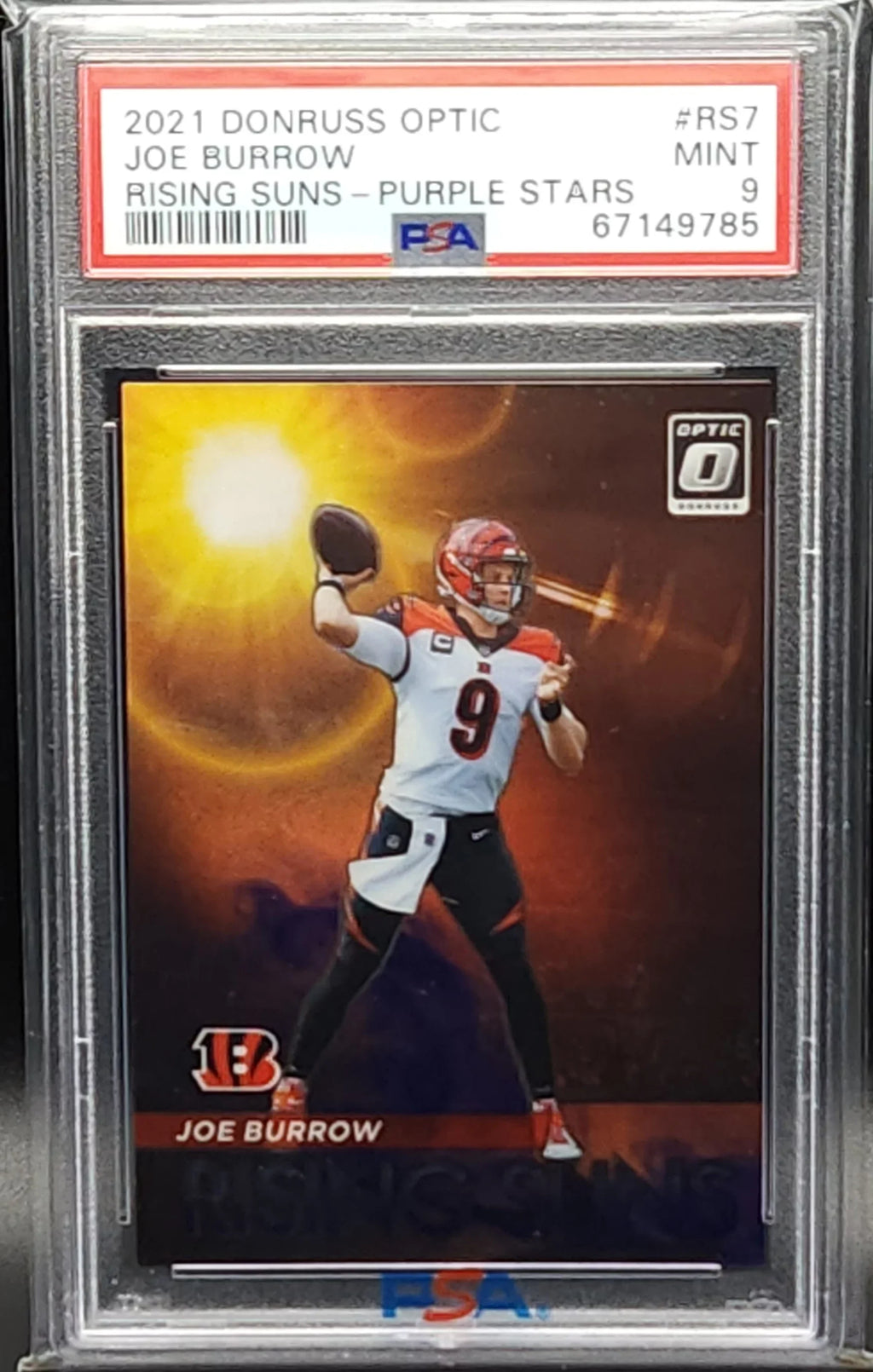 Card Joe Optic Bengals Purple Stars 9 #1/25 Burrow Donruss Rising Suns 2021 PSA