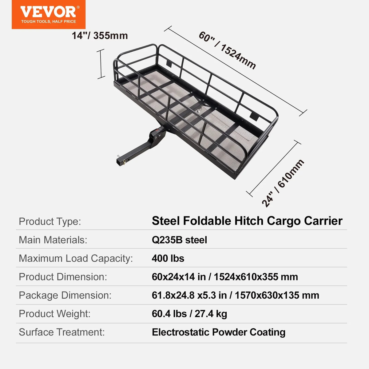 2" Carrier 60x24x14in Stabilizer SKYSHALO 400lb Fits & Mount Hitch Cargo Receiver