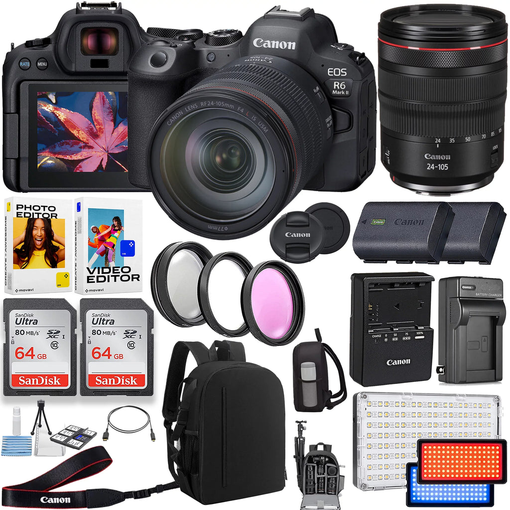 '+ Canon Canon Light More Mirrorless 24-105mm Video 64GB LED Lens f/4 Mark + Memory RF 2pc EOS R6 Case with L Spare IS Camera Cards USM + + Battery II &