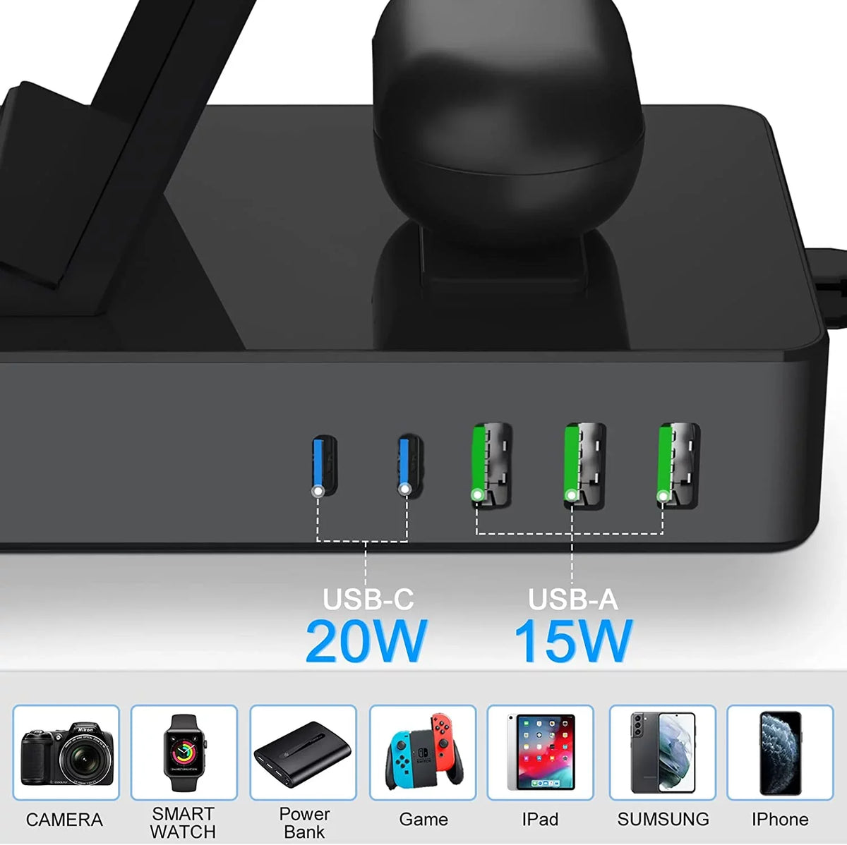 Sumsung, Fast 15W Charging Lidlife Usb 20W Charger Charging for Dock 8 100W AirPods for Port Wireless Compatible for Usb Multiple in Black with Devices, C a/ Station 1 Stand