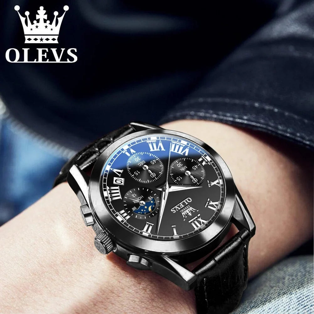 Watches Business Male for Reloj, with Watches Sports Mens Luxury Analog Luminous OLEVS Quartz Men Classic Strap Leather Wristwatch Waterproof Chronograph