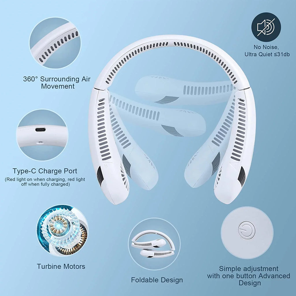 Morttic Outdoor Free Travel Degrees Cooler Fan Fan Rechargeable Wearable mAh 5000 360 Fan Speeds, Airflow Portable Personal for (White) Foldable Perfect USB Hands Fan Sport Neck Fan, Bladeless 3