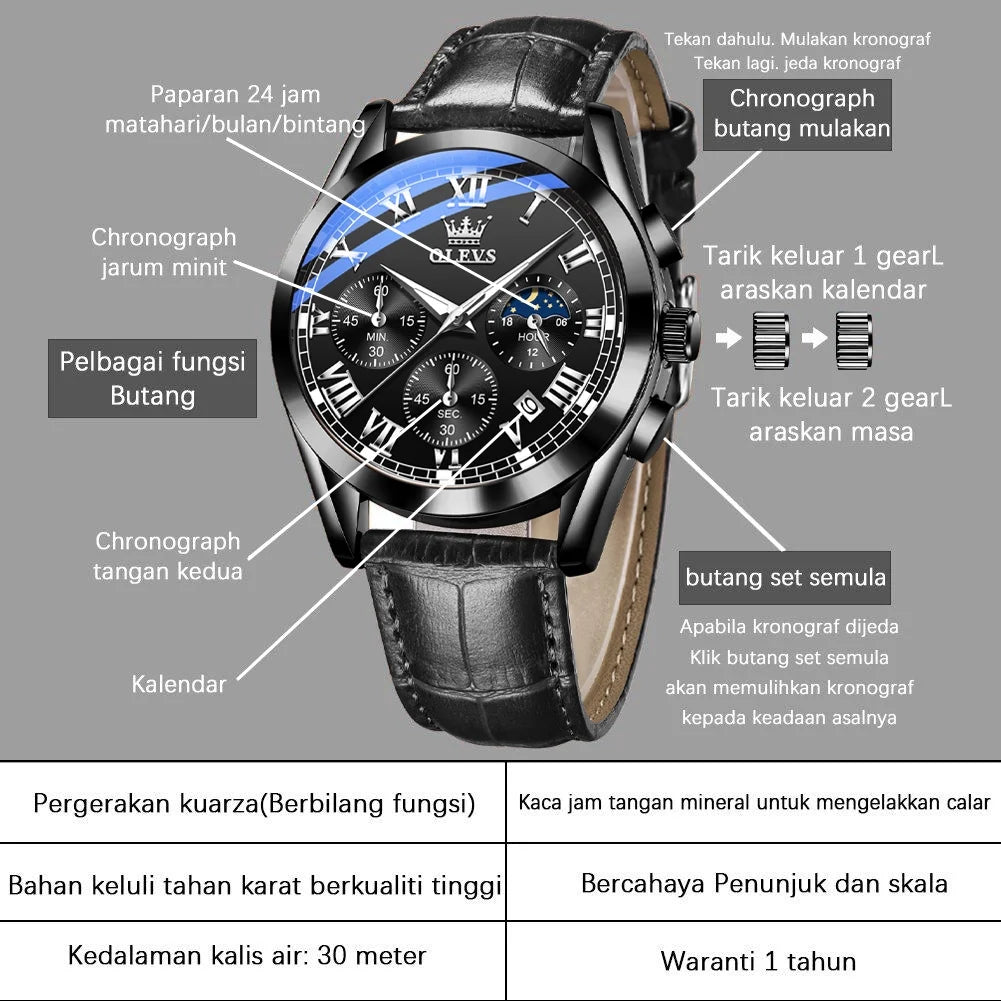 Watches Business Male for Reloj, with Watches Sports Mens Luxury Analog Luminous OLEVS Quartz Men Classic Strap Leather Wristwatch Waterproof Chronograph