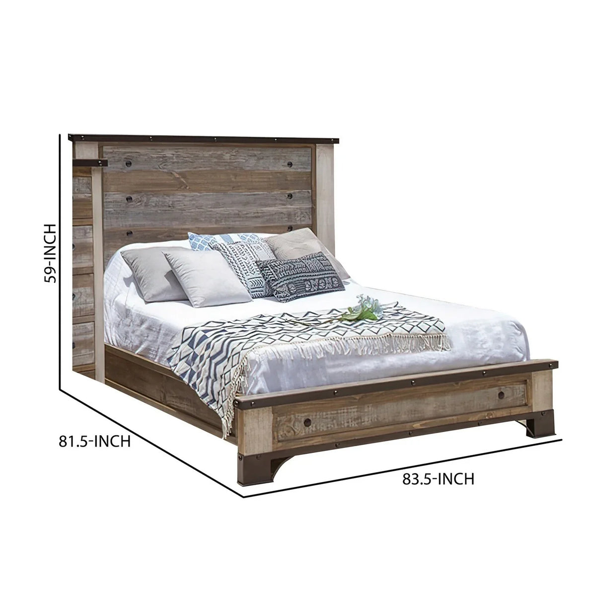 Wood Size Nailheads, King Multicolor Round Black Brown Benjara Distressed Fena Bed,