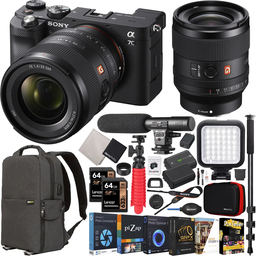 '+ Lens Mirrorless SEL35F14GM with LED + Bundle + Deco FE GM Frame Accessories Master ILCE7C/B Case a7C Gear Backpack G Camera Photography Monopod and Black Sony Full Body Sony + F1.4 35mm Microphone