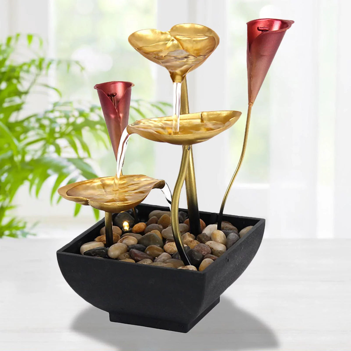 for Indoor Water Fountain Warm Garden with Farmhouse Lighted Fountain Waterfall Light Decoration Home Water Tabletop LED Circular