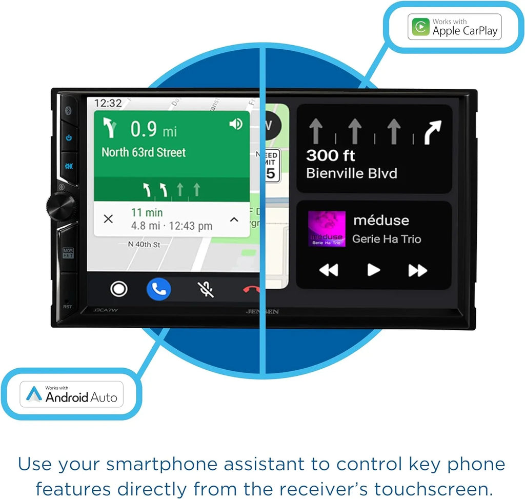 Auto, Wired Car DIN CarPlay Stereo Radio, Apple Certified Double Wireless, Jensen or Android 7-inch J3CA7W New