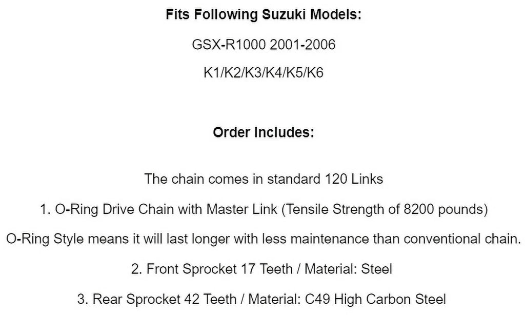 Chain O-Ring Drive Blue for Suzuki 2001-2006 GSXR1000 GSX-R1000 Kit Sprockets &