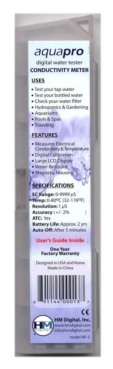 Readout 0-9999 Water Tester, µS Digital Conductivity Resolution, conductivity electrical Accuracy, Quality +/- Range, Measures AP-2 HM 1 2% Electrical AquaPro (EC).., µS By