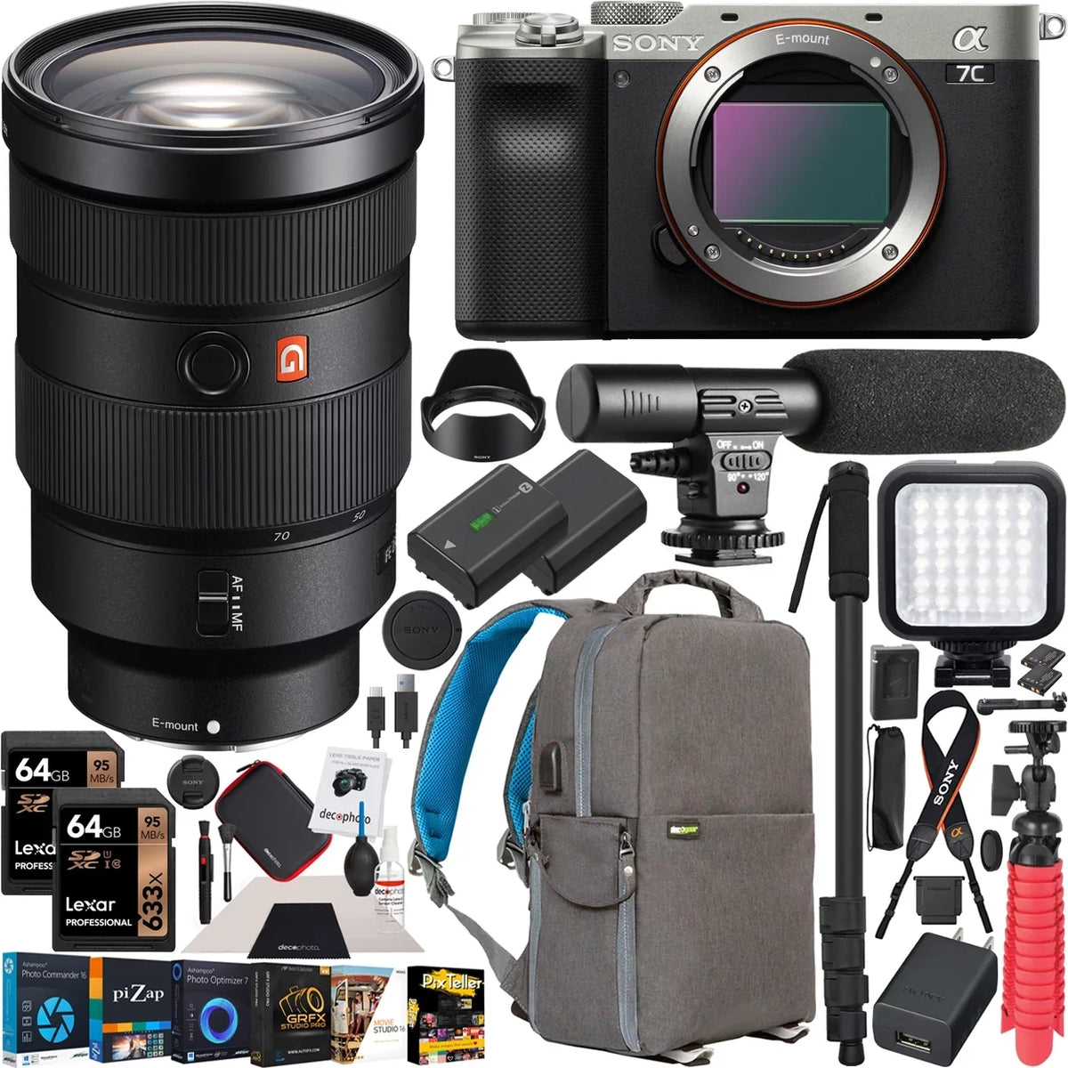 Software F2.8 Camera Full Master 24-70mm SEL2470GM Backpack Sony Case Zoom Frame and Photography w/ Sony Bundle Gear G Body FE Mirrorless Silver GM , Deco ILCE7C/S Accessories Lens with a7C