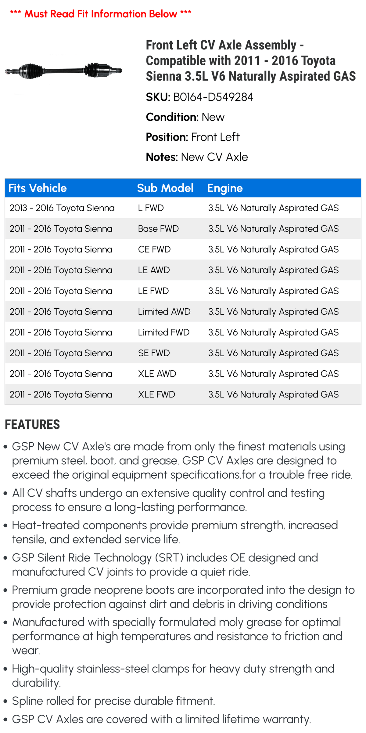 Assembly Toyota 2012 - 2014 Compatible 2011 2016 2015 GAS Axle 3.5L 2013 Aspirated Front CV with Left Sienna V6 - Naturally