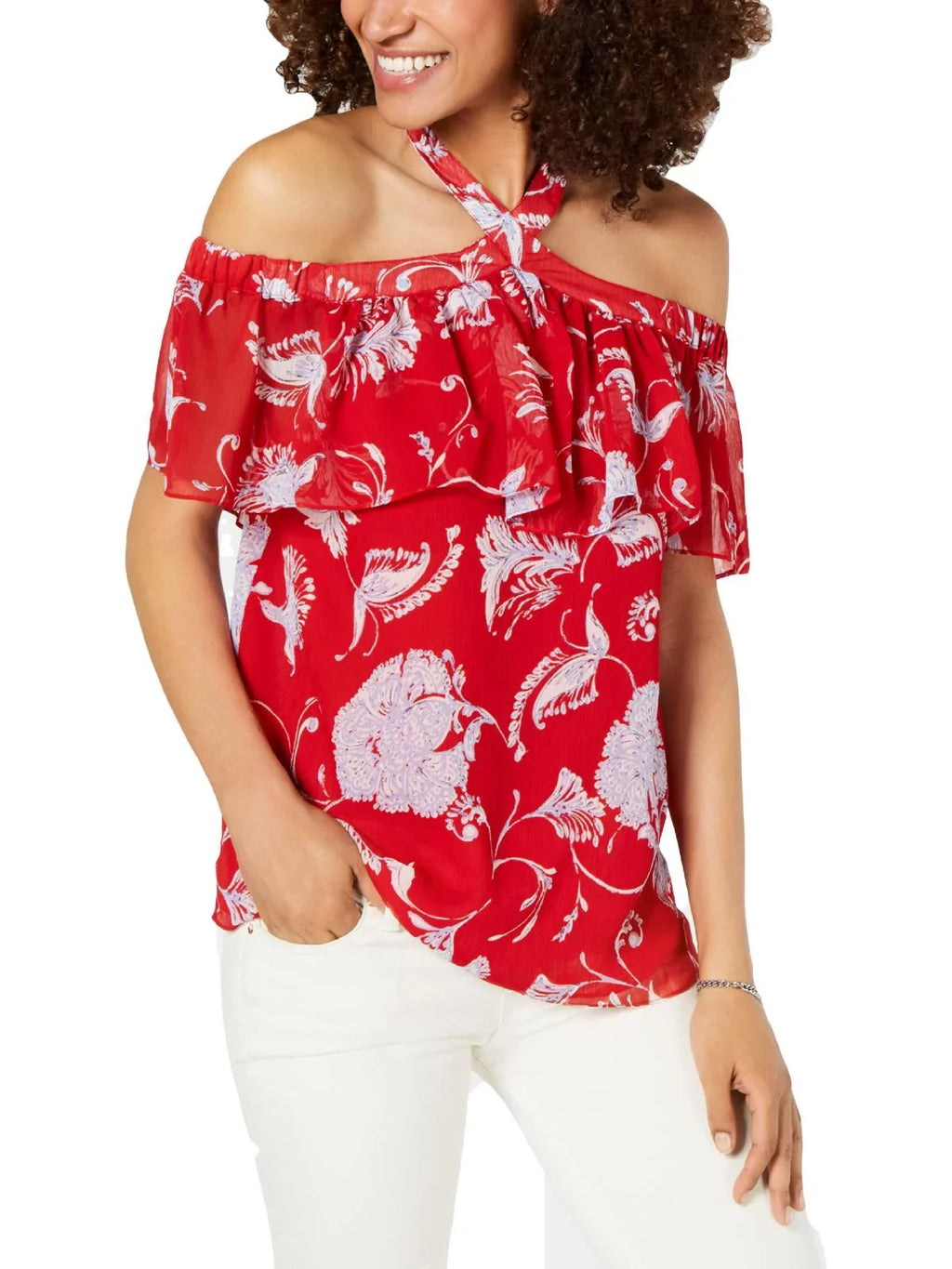 Off the Blouse Printed Red Hilfiger XS Tommy Shoulder Womens