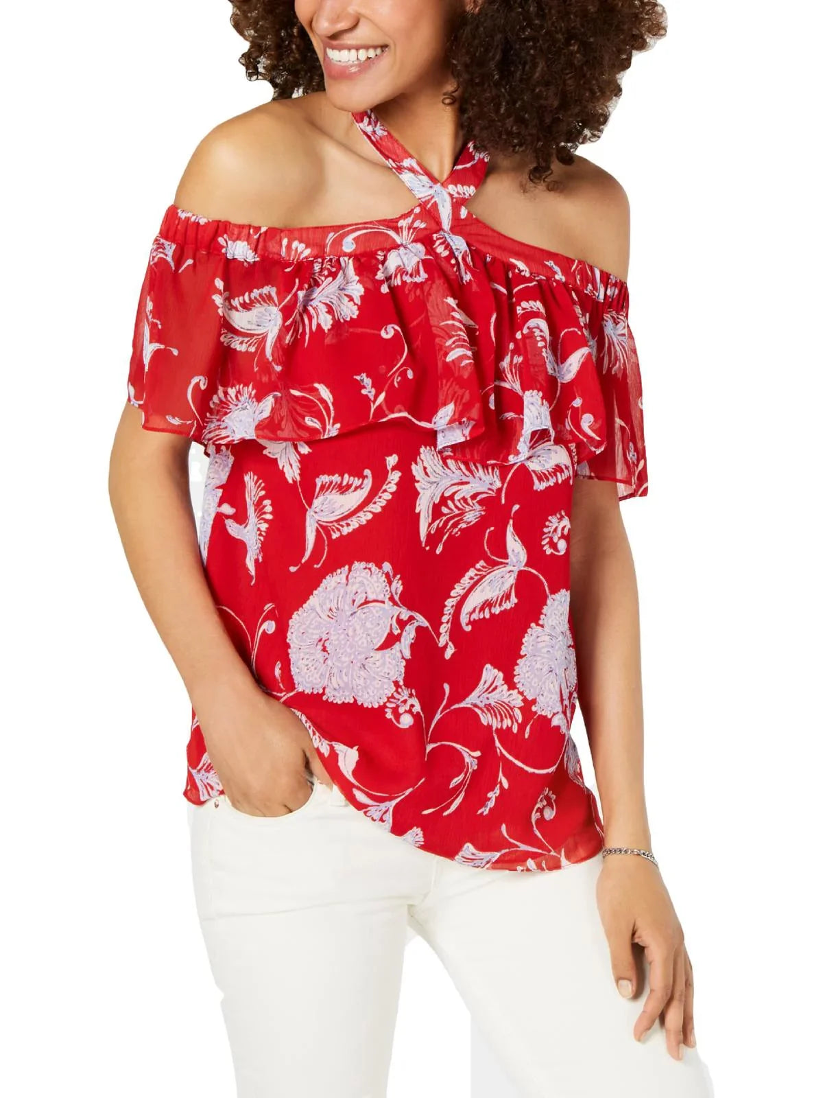 Off the Blouse Printed Red Hilfiger XS Tommy Shoulder Womens
