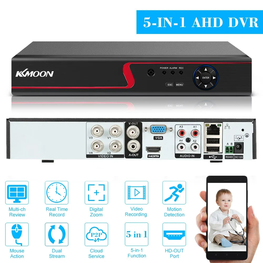 HDD) Remote KKmoon Recorder Monitoring Home High (NO DVR AHDAnalogTVICVI/ for office Full 1080P System kit CCTV Definition 4CH Plug Digital Phone Video DVR P2P