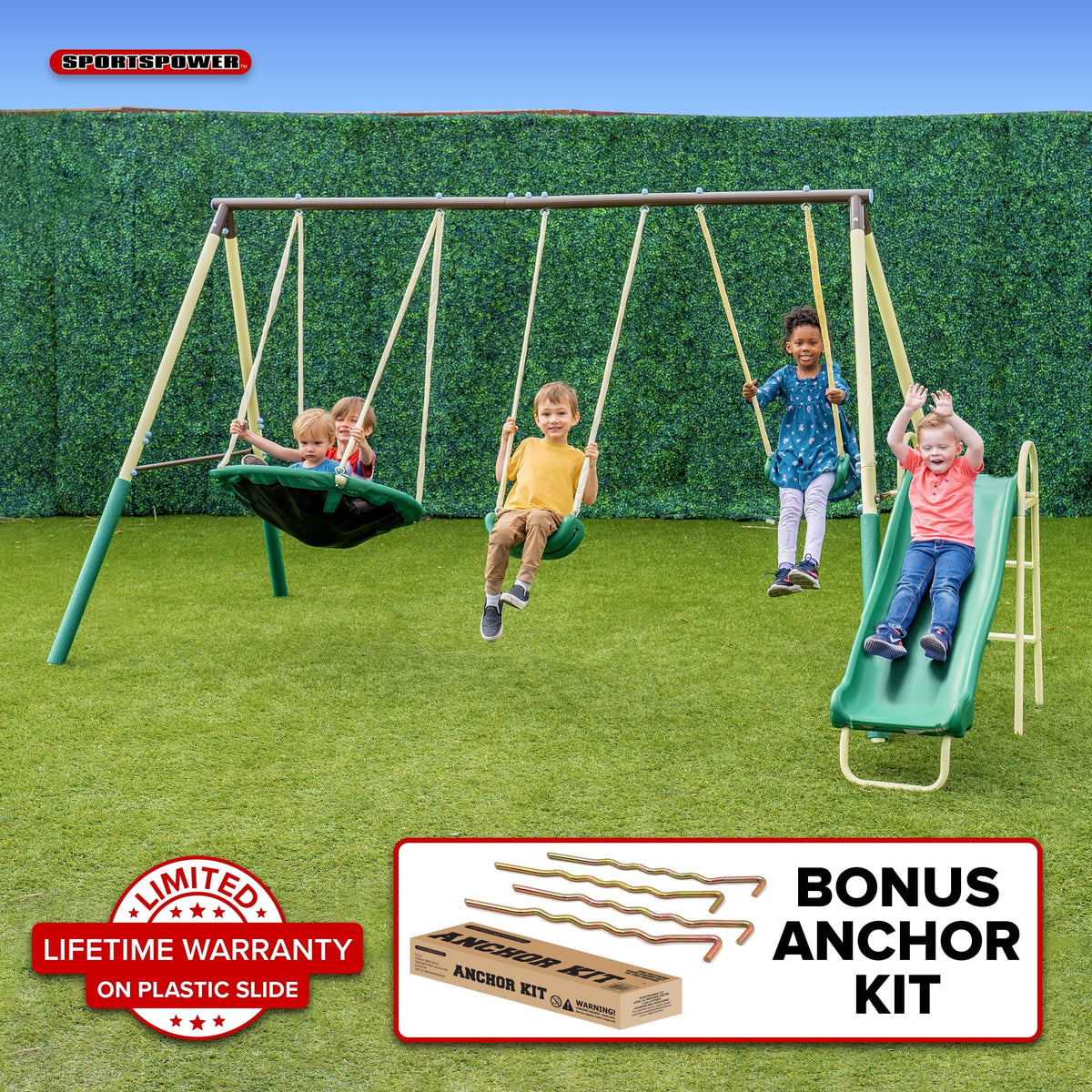 Saucer on Metal Slide, BONUS Lifetime Kit Saucer Swing and Padded Warranty Blow with Molded Sportspower Anchor Super Set Swing,