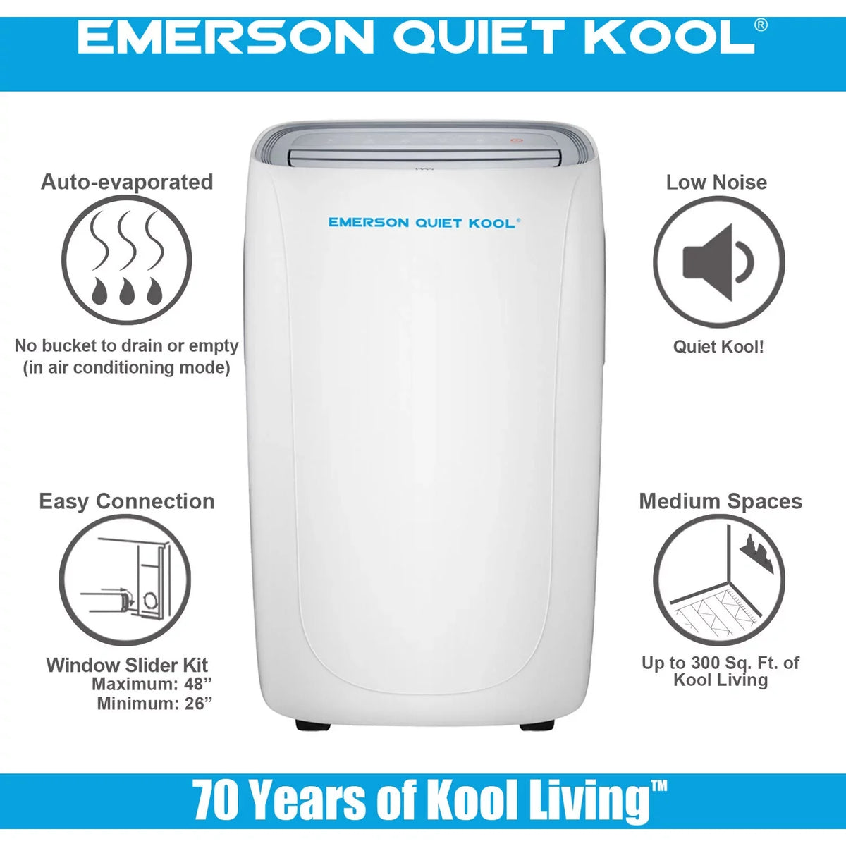 Emerson and Portable Ft. Remote, Kool for Control up Rooms Quiet Air 300-Sq. Voice SMART with Wi-Fi, to Conditioner