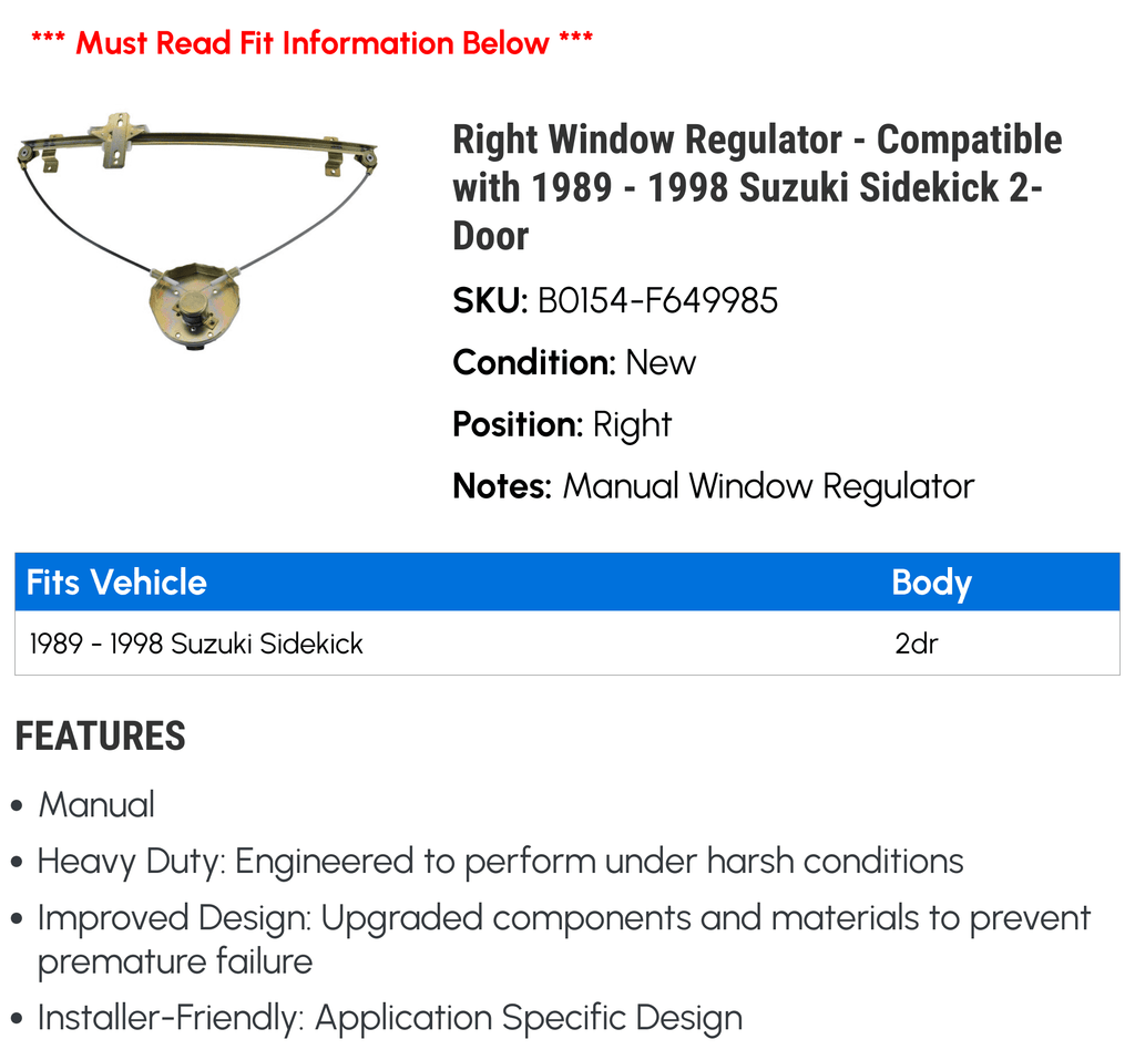 1998 Regulator Right Suzuki 1992 1994 - Sidekick 1991 1989 Compatible 1997 1995 with 1993 2-Door 1990 Window - 1996